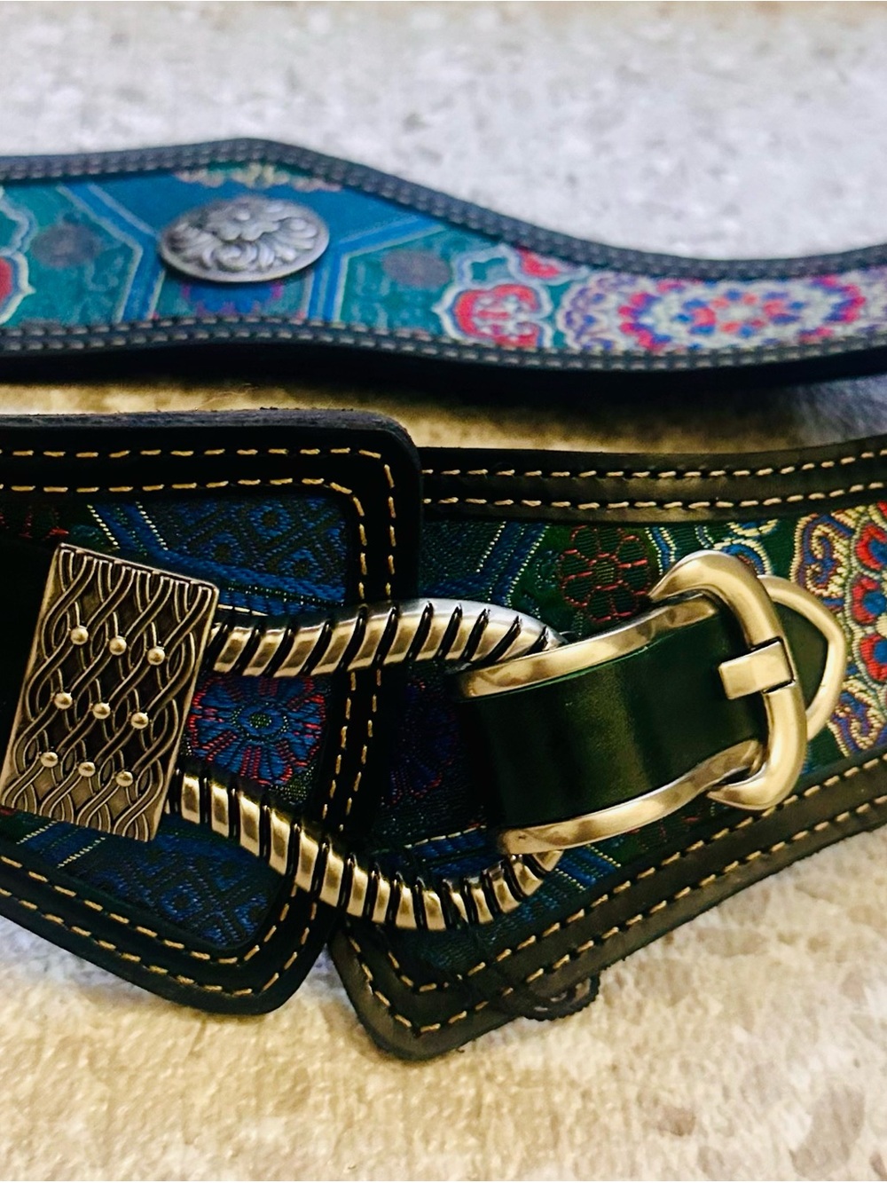 Embroidered Wide Waist Belt with Teal and Green Accents